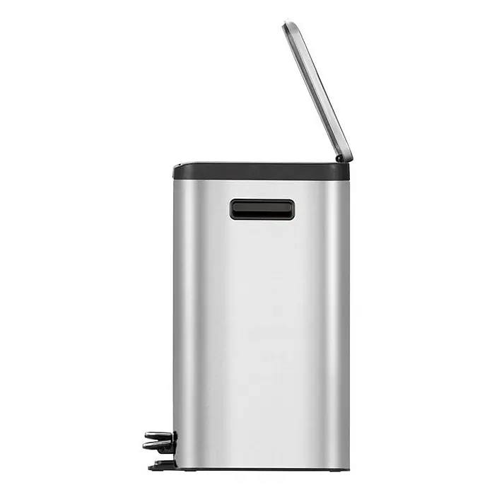 Proregal Treteimer - 36 l, Edelstahl, Silber - Silberner Treteimer mit offenem Deckel. Der Abfalleimer hat eine rechteckige Form und einen schwarzen Deckel und Fuß.