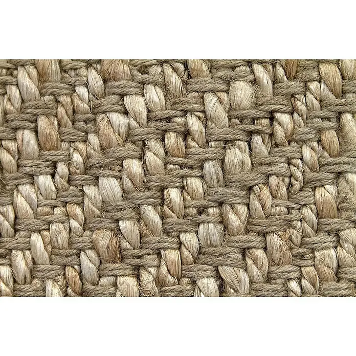 Alfombra de yute Alcázar - Natural, 250 x 250 cm, 100% yute - Primer plano de una alfombra tejida. La textura es rugosa y natural, con marrones claros y oscuros que crean una sensación cálida y acogedora.