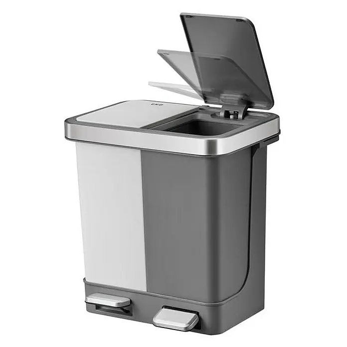 Proregal Treteimer Funktionale Treteimer aus Kunststoff mit Soft-Close-Deckel - 20 l, Kunststoff, Weiß/Grau - Ein grauer und weißer EKO Abfalleimer mit zwei Fächern und Fußpedalen, wobei der Deckel teilweise geöffnet ist.