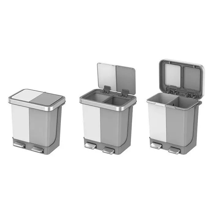 Proregal Treteimer Funktionale Treteimer aus Kunststoff mit Soft-Close-Deckel - 20 l, Kunststoff, Weiß/Grau - Drei Ansichten eines grauen, rechteckigen Treteimer mit zwei Fächern und einem Deckel, der sich in der Mitte öffnen lässt.
