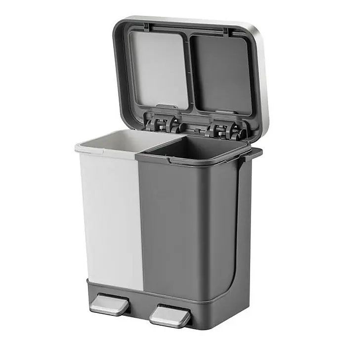 Proregal Treteimer Funktionale Treteimer aus Kunststoff mit Soft-Close-Deckel - 20 l, Kunststoff, Weiß/Grau - Ein grauer und weißer Abfalltrenneimer mit zwei Fächern und Fußpedalen zum einfachen Öffnen und Trennen von Müll.