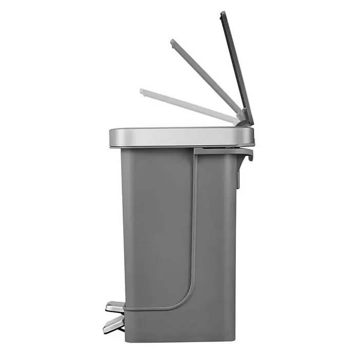 Proregal Treteimer Funktionale Treteimer aus Kunststoff mit Soft-Close-Deckel - 20 l, Kunststoff, Weiß/Grau - Abbildung eines grauen Treteimer mit offenem Deckel in verschiedenen Positionen. Das Produkt ist ideal für Küche und Badezimmer.