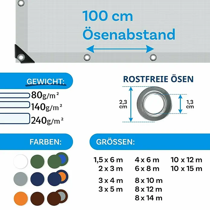 Floordirekt Abdeckplane - L x B: 5 x 3 m, Grammatur: 140 g/m², Weiß - Produktbild mit Details zu Gewicht, Ösenabstand, rostfreien Ösen, Farben und Größen einer Plane.