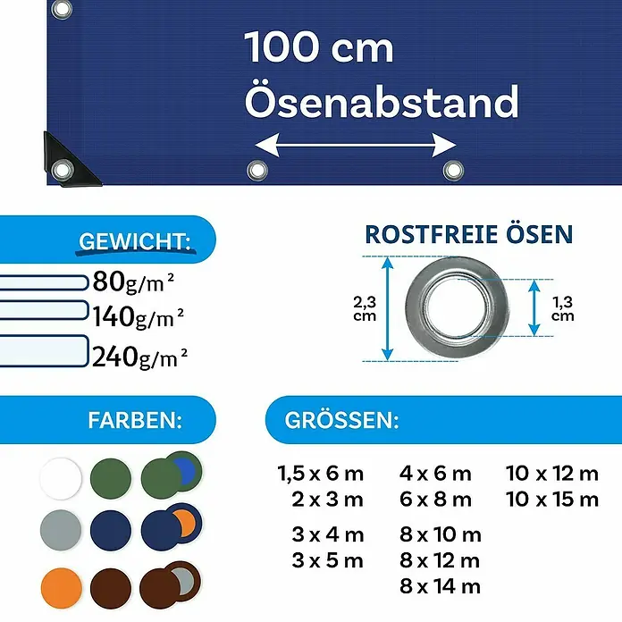 Floordirekt Abdeckplane - L x B: 14 x 8 m, Grammatur: 240 g/m², Blau - Bild einer Plane mit Informationen zu Gewicht, Farben, Größen und rostfreien Ösen im Abstand von 100 cm.