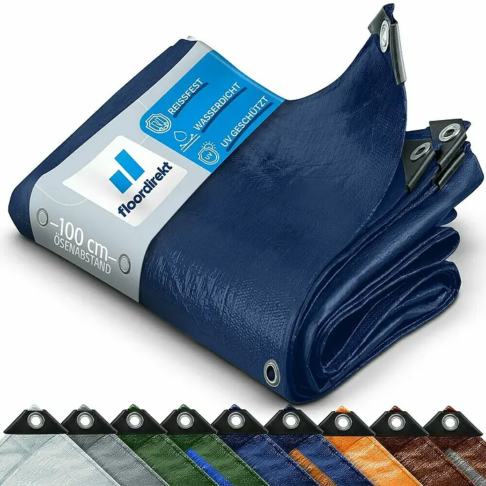 Floordirekt Abdeckplane - L x B: 14 x 8 m, Grammatur: 240 g/m², Blau - Das Bild zeigt eine blaue Abdeckplane von floordirekt, die reißfest, wasserdicht und UV-geschützt ist. Der Ösenabstand beträgt 0-100 cm.