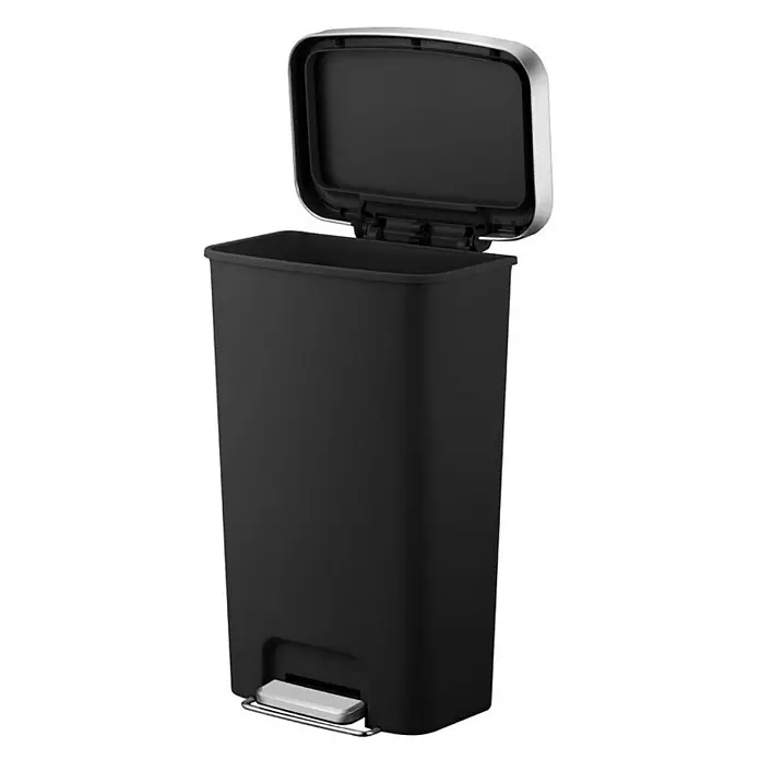 Proregal Treteimer Funktionale Treteimer aus Kunststoff mit Soft-Close-Deckel - 45 l, Kunststoff, Schwarz - Ein schwarzer, rechteckiger Treteimer mit offenem Deckel und silberfarbenem Pedal, ideal für Küche oder Bad.