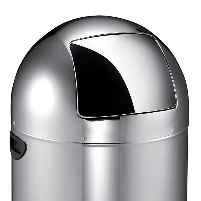 Proregal Treteimer - 33 l, Edelstahl, Edelstahl - Nahaufnahme eines silbernen, halbkugelförmigen Mülleimers mit einer abgerundeten, rechteckigen Öffnung, der Eleganz und Funktionalität vereint.