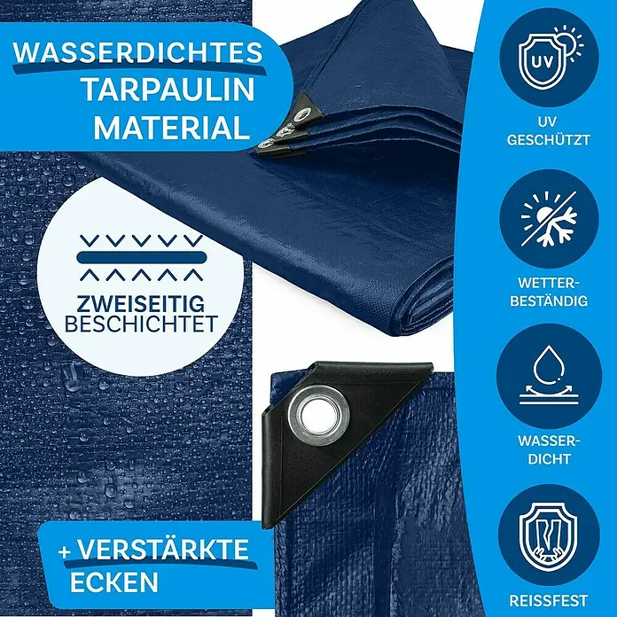 Floordirekt Abdeckplane - L x B: 14 x 8 m, Grammatur: 240 g/m², Blau - Bild einer blauen, wasserdichten Tarpaulin-Plane mit verstärkten Ecken, UV-Schutz und Wetterbeständigkeit. Das Material ist beidseitig beschichtet.