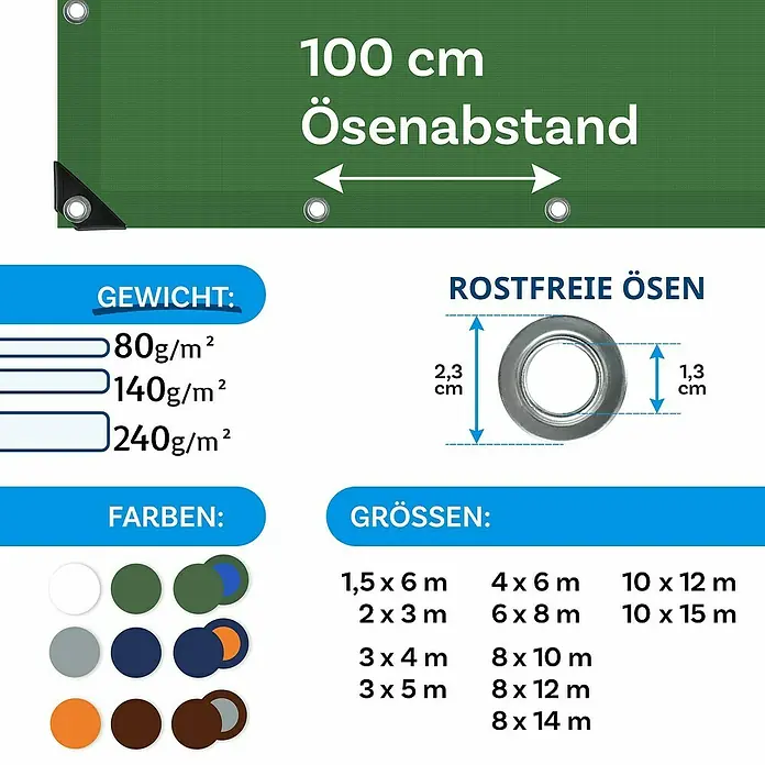 Floordirekt Abdeckplane - L x B: 5 x 3 m, Grammatur: 240 g/m², Grün - Plane Produktdetails: Gewicht, Farben, Größen, rostfreie Ösen und Ösenabstand.