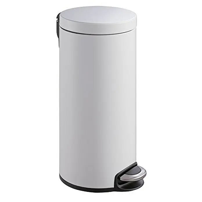 Proregal Treteimer - 30 l, Kunststoff, Weiß - Bild einer runden, weißen Treteimer aus Metall mit einem schwarzen Fußpedal und einem schlichten Design, ideal für jedes Badezimmer.