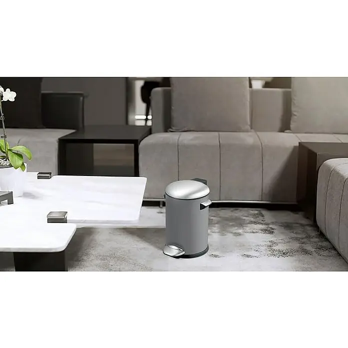 Proregal Treteimer Retro Treteimer mit markanten Griffen und Kugelkappe - 5 l, Kunststoff, Grau - Ein grauer Treteimer mit silbernem Deckel steht auf einem Teppich in einem modernen Wohnzimmer.