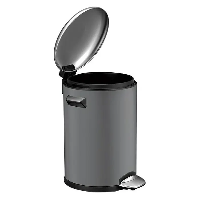 Proregal Treteimer Retro Treteimer mit markanten Griffen und Kugelkappe - 5 l, Kunststoff, Grau - Ein grauer Treteimer aus Edelstahl mit offenem Deckel, der ein modernes Design für Badezimmer und Küche bietet.