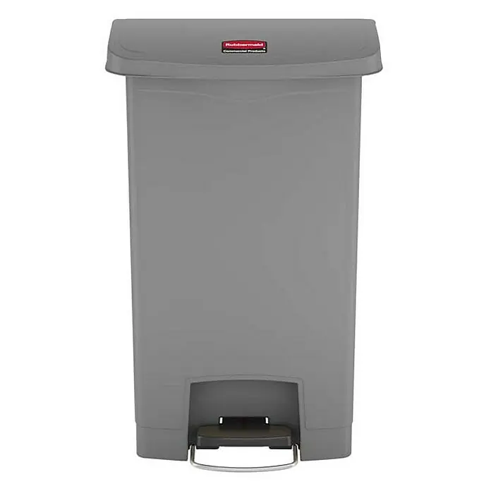 Proregal Treteimer Rubbermaid Slim Jim Step On Container Front Step Pedal-Abfalleimer - 50 l, Kunststoff, Grau - Grauer, rechteckiger Rubbermaid-Tretabfallbehälter mit Deckel und Pedal für hygienische Abfallentsorgung im Gewerbebereich.