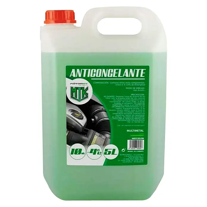 Concentrado anticongelante para motores 10% - 5 l, Verde - Garrafa de refrigerante verde, etiquetada como "ANTIGELANTE MTK", ideal para proteger tu motor de heladas y sobrecalentamiento.