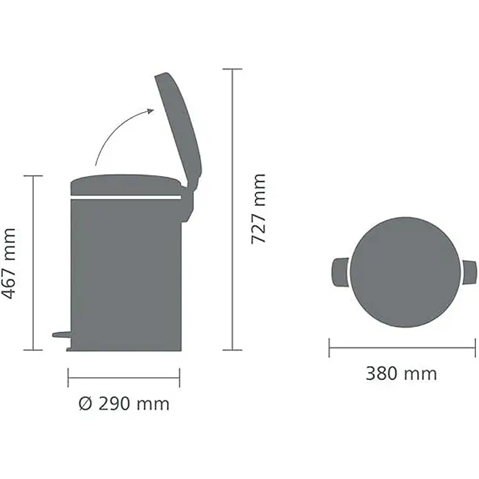 Proregal Treteimer Brabantia Klassischer Tretmülleimer mit Soft-Verschluss - 20 l, Metall, Edelstahl - Schematische Darstellung eines grauen Treteimer mit Maßangaben zu Höhe, Durchmesser und Gesamtbreite.