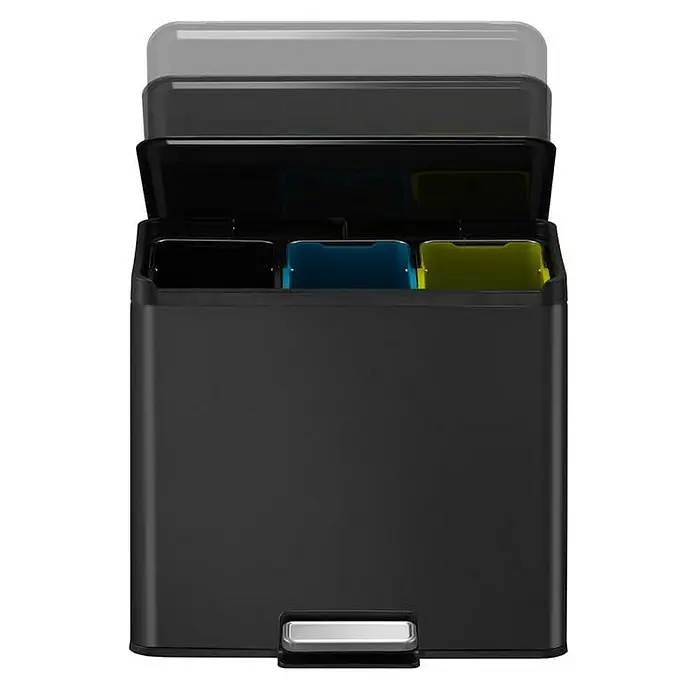 Proregal Treteimer - 27 l, Edelstahl, Schwarz - Schwarzer Treteimer mit drei Fächern und einem grauen Deckel. Ideal für die Mülltrennung im Haushalt.