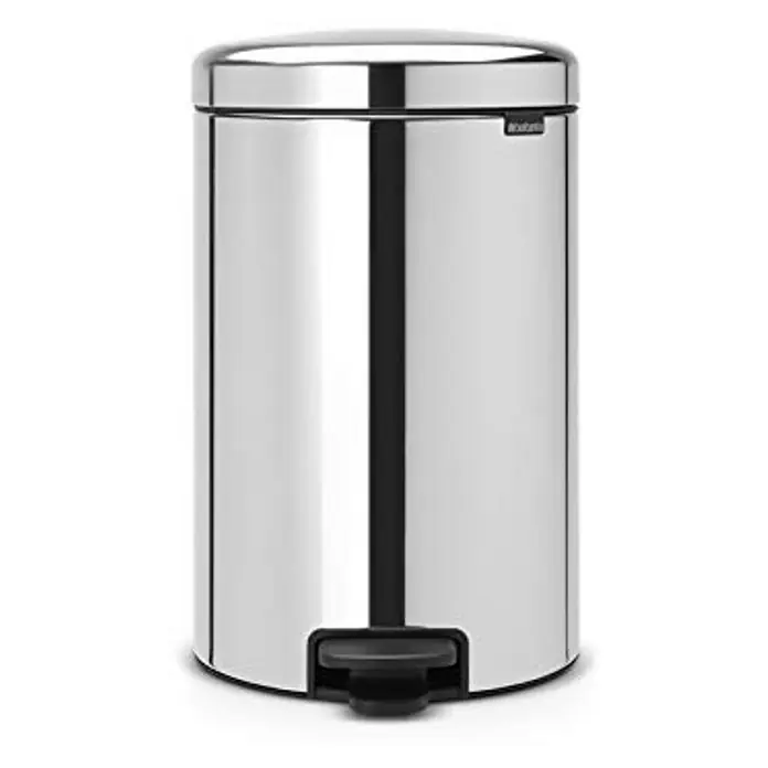 Proregal Treteimer Brabantia Klassischer Tretmülleimer mit Soft-Verschluss - 20 l, Metall, Edelstahl - Silberner Treteimer mit schwarzem Fußpedal und glänzender Oberfläche. Praktisch für Bad und Küche.