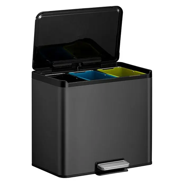 Proregal Treteimer - 27 l, Edelstahl, Schwarz - Ein schwarzer Mülleimer mit drei Fächern und offenem Deckel zur Abfalltrennung. Praktisch und stilvoll für Küche oder Büro.