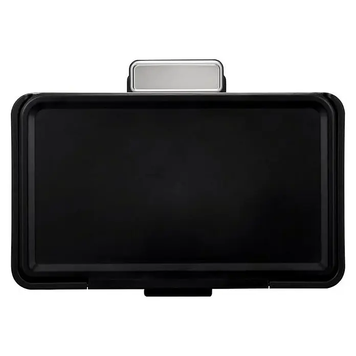 Proregal Treteimer - 27 l, Edelstahl, Schwarz - Eine rechteckige, schwarze Grillplatte mit silberfarbenem Griff in der Mitte. Ideal zum Grillen von Speisen aller Art.