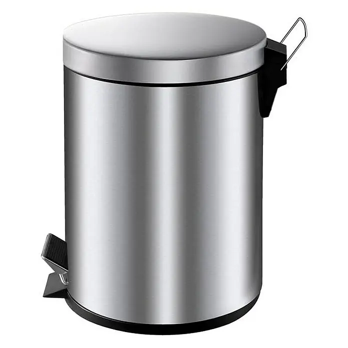 Proregal Treteimer Runder Tretabfallsammler mit herausnehmbaren Kunststoff-Inneneimer - 5 l, Metall, Matt Silber - Ein runder, silberfarbener Treteimer aus Edelstahl mit schwarzem Fußpedal und Deckel. Praktisch und hygienisch für Bad oder Küche.