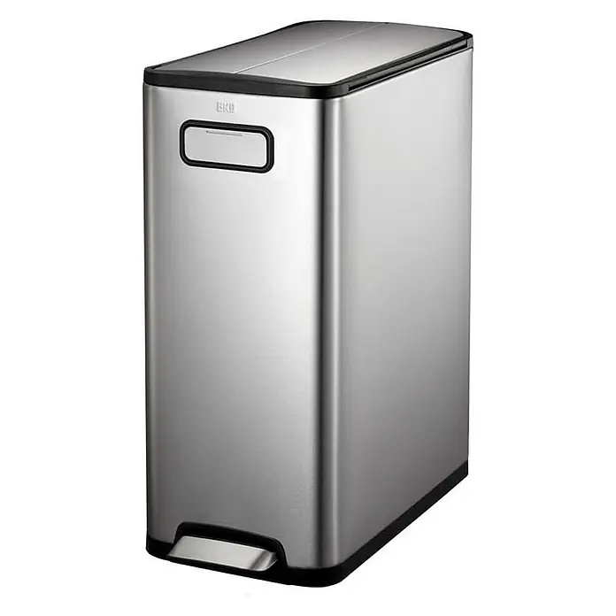 Proregal Treteimer Modern designter Treteimer zur Abfallscheidung aus gebürstetem Edelstahl - 45 l, Edelstahl, Edelstahl - Ein moderner, rechteckiger EKO Treteimer aus Edelstahl mit einem schwarzen Rahmen und einem Fußpedal zur einfachen Bedienung.