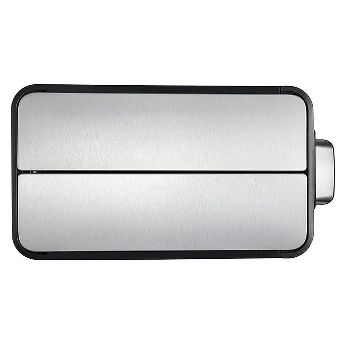 Proregal Treteimer Modern designter Treteimer zur Abfallscheidung aus gebürstetem Edelstahl - 45 l, Edelstahl, Edelstahl - Nahaufnahme einer rechteckigen Brotdose aus gebürstetem Edelstahl mit schwarzem Rand und Verschluss.