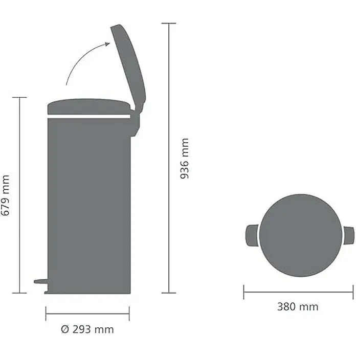 Proregal Treteimer Brabantia Klassischer Tretmülleimer mit Soft-Verschluss - 30 l, Metall, Metallik Schwarz - Abbildung eines Treteimers mit Größenangaben: Höhe 936 mm, Behälterhöhe 679 mm, Durchmesser Behälter 293 mm, Breite mit Griffen 380 mm.