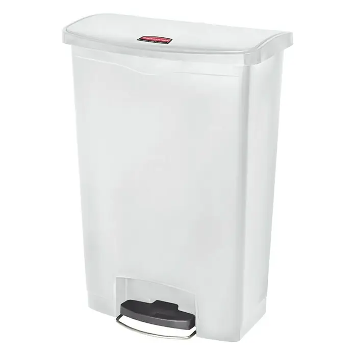 Proregal Treteimer Rubbermaid Slim Jim Step On Container Front Step Pedal-Abfalleimer - 90 l, Kunststoff, Weiß - Weißer, rechteckiger Rubbermaid-Treteimer mit Deckel und schwarzem Pedal.