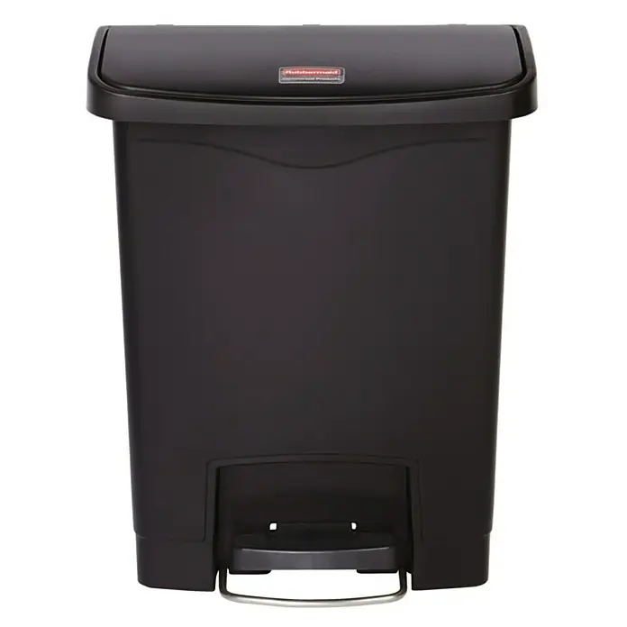 Proregal Treteimer Rubbermaid Slim Jim Step On Container Front Step Pedal-Abfalleimer - 30 l, Kunststoff, Schwarz - Ein schwarzer Rubbermaid Treteimer mit Deckel und silberfarbenem Pedal.
