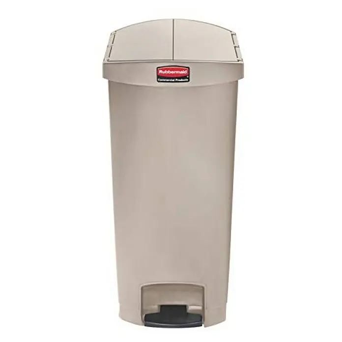 Proregal Treteimer Ellipsenförmiger Treteimer aus gebürstetem Edelstahl - 30 l, Edelstahl, Silber - Ein beiger Rubbermaid Treteimer für den gewerblichen Gebrauch mit einem schwarzen Pedal.