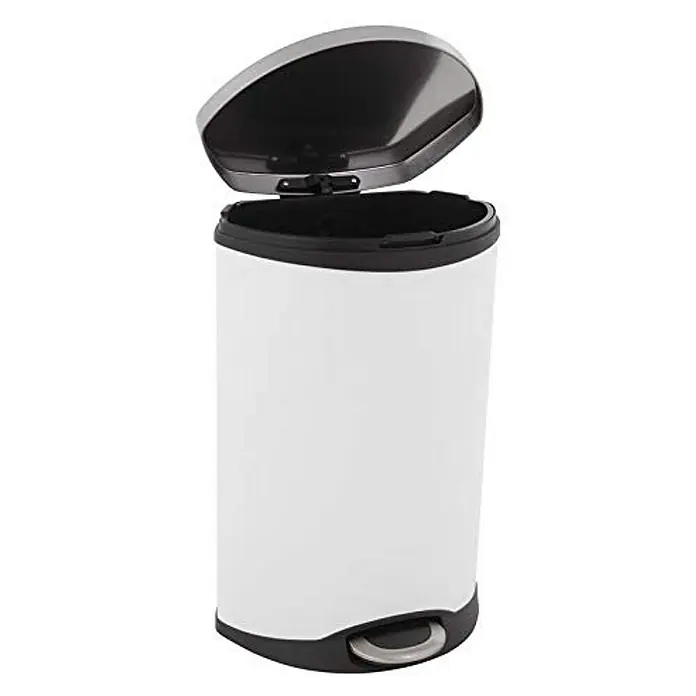 Proregal Treteimer Auffallender muschelförmiger Treteimer - 50 l, Edelstahl, Weiß - Abfalleimer mit Pedal und offenem Deckel. Der Eimer ist weiß, der Deckel und die Basis sind schwarz. Ideal für Bad oder Küche.
