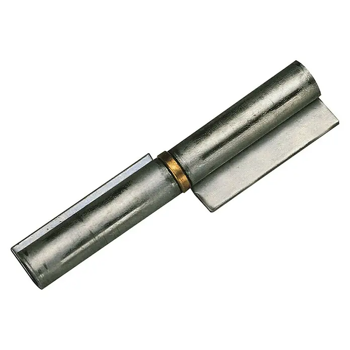 Pernio bisagra 2P - L x An: 80 x 22 mm, Izquierda - Primer plano de una bisagra metálica resistente con un anillo dorado, ideal para puertas y portones pesados.