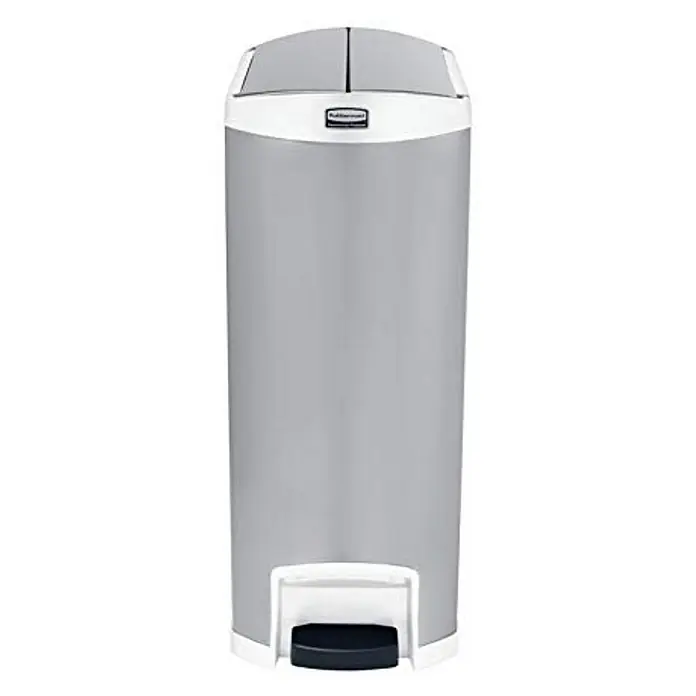 Proregal Treteimer Ellipsenförmiger Treteimer aus gebürstetem Edelstahl - 20 l, Edelstahl, Silber - Silberner Rubbermaid-Treteimer mit weißem Deckel und Fußpedal für hygienische Abfallentsorgung.