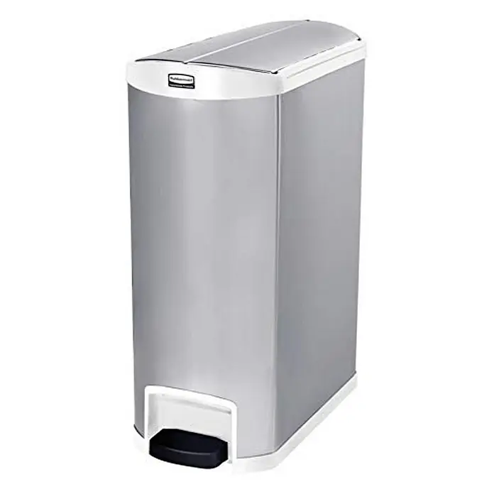 Proregal Treteimer Ellipsenförmiger Treteimer aus gebürstetem Edelstahl - 20 l, Edelstahl, Silber - Silberner Rubbermaid-Treteimer mit weißem Deckel und Pedal zur freihändigen Bedienung für hygienische Abfallentsorgung.