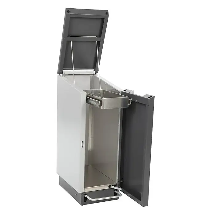 Proregal Treteimer Feuersicherer Wertstoffsammler Connector Bin mit Pedalöffnung - 55 l, Aluminium, Anthrazit / Grau - Ein offener, freistehender, grauer Müllbehälter mit Pedal zum einfachen Öffnen und einem herausziehbaren Inneneimer aus Edelstahl.