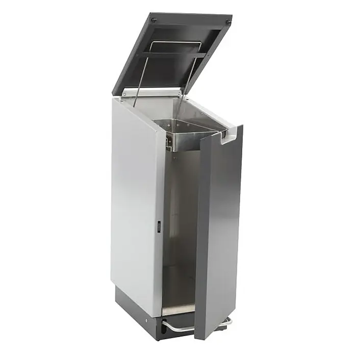 Proregal Treteimer Feuersicherer Wertstoffsammler Connector Bin mit Pedalöffnung - 55 l, Aluminium, Anthrazit / Grau - Mülleimer mit offenem Deckel und Tür. Der Mülleimer ist aus Edelstahl gefertigt und hat einen schwarzen Sockel und Deckel.