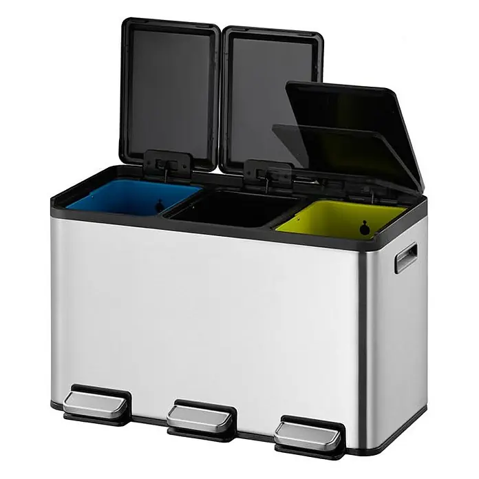 Proregal Treteimer - 30 l, Edelstahl, Silber - Ein Edelstahl-Mülleimer mit drei Fächern und Fußpedalen für eine einfache Abfalltrennung.