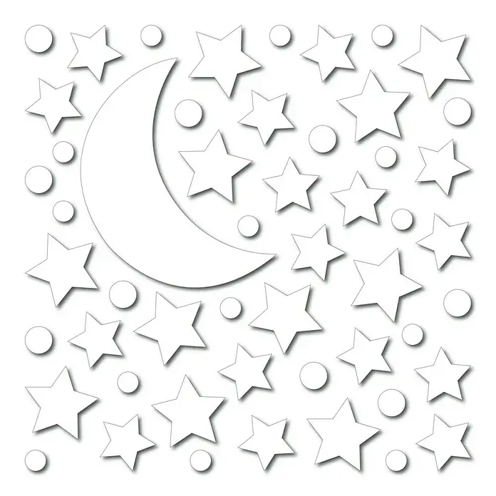 Vinilo de pared Estrellas blancas - Blanco, Plástico - Adhesivos de pared de luna y estrellas para habitación infantil. Diseño nocturno decorativo con luna creciente, estrellas y círculos como decoración.