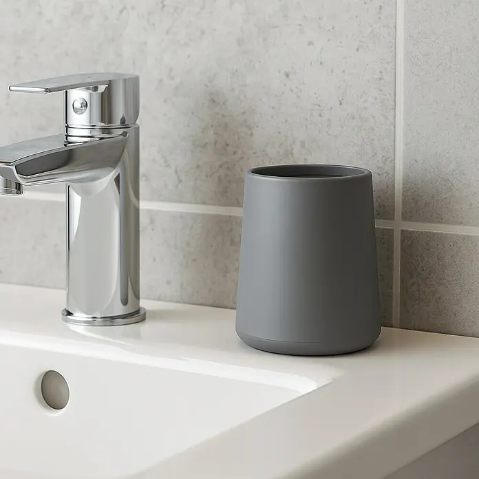 Aquasanit Tower Portacepillos - Diámetro: 8 cm, Plástico, Gris - Vaso gris para cepillos de dientes y pasta de dientes junto a un grifo cromado brillante en un lavabo con fondo de azulejos grises.