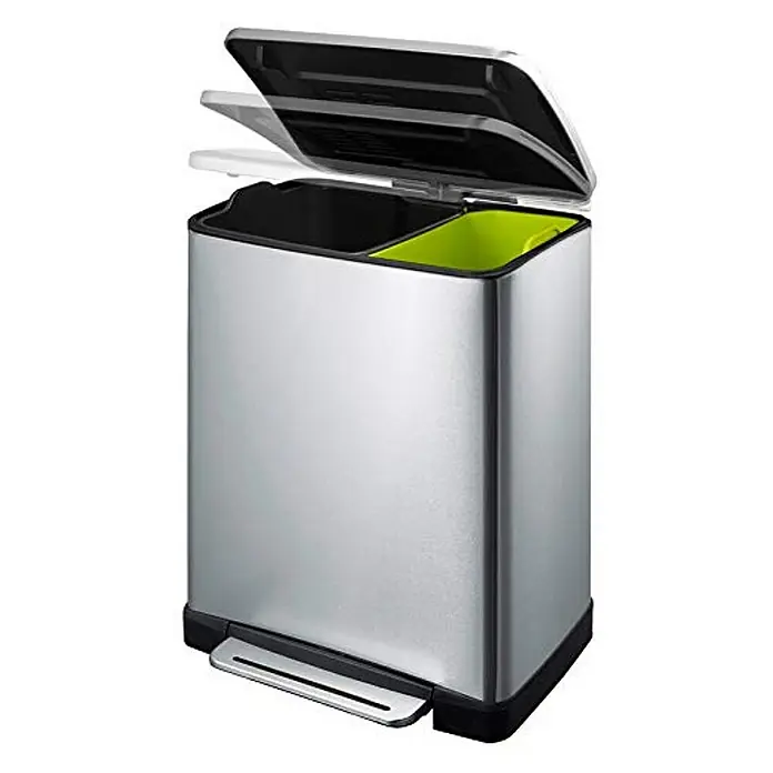 Proregal Treteimer Stilvoller rechteckiger Treteimer mit extra breitem Pedal - 46 l, Kunststoff, Schwarz - Abfallbehälter mit zwei Fächern für Mülltrennung, elegantes Design und praktische Fußbedienung. Ideal für Küche und Büro.