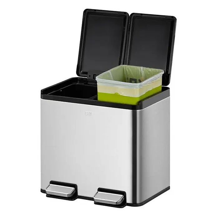 Proregal Treteimer - 20 l, Edelstahl, Silber - Ein Mülleimer mit zwei Fächern, getrennt für verschiedene Abfallarten, mit Edelstahlgehäuse und schwarzen Deckeln.