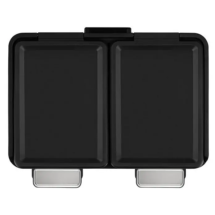 Proregal Treteimer - 20 l, Edelstahl, Silber - Ein doppelseitiger, schwarzer Sandwichmaker mit zwei Fächern und silbernen Griffen zum einfachen Herausnehmen von Sandwiches.