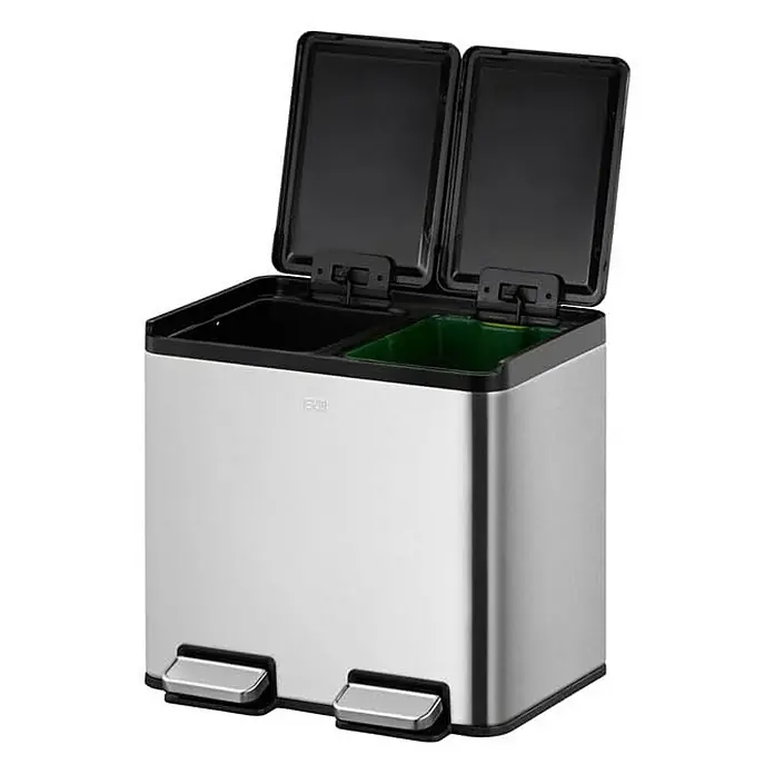Proregal Treteimer - 20 l, Edelstahl, Silber - Abfalltrennsystem: Ein silberfarbener Treteimer mit zwei Fächern und schwarzen Deckeln, ideal für die Mülltrennung im Haushalt.