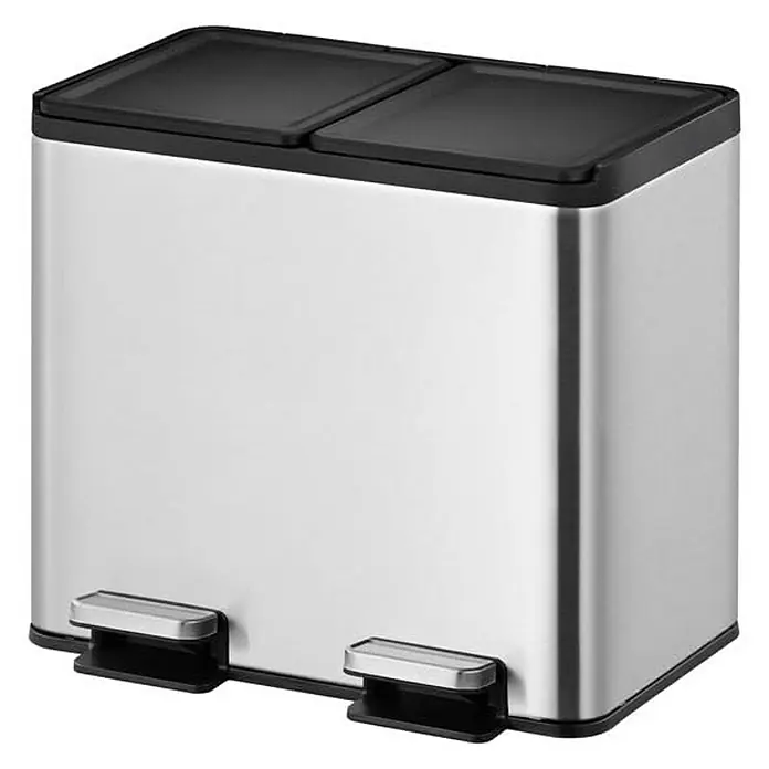 Proregal Treteimer - 20 l, Edelstahl, Silber - Bild eines rechteckigen, silbernen Treteimers mit zwei Fächern und schwarzen Deckeln für die Mülltrennung.
