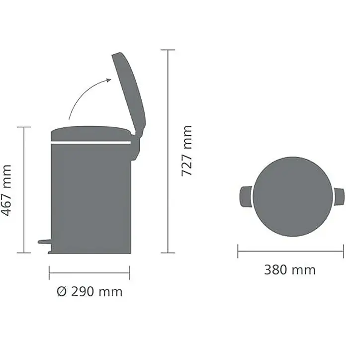Proregal Treteimer Brabantia Klassischer Tretmülleimer mit Soft-Verschluss - 20 l, Metall, Platin - Bild einer Mülleimerskizze mit Maßangaben, der eine praktische und hygienische Abfallentsorgung ermöglicht.