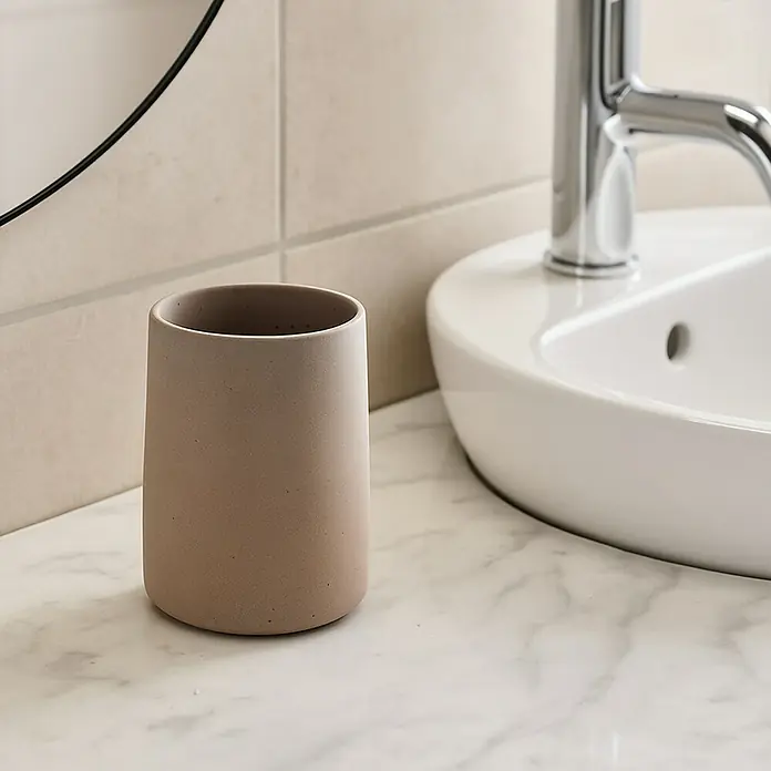 Spirella Gemma Portacepillos - Gres, Tierra - Primer plano de un moderno portacepillos de dientes beige sobre una encimera de baño de mármol, junto a un lavabo elegante.