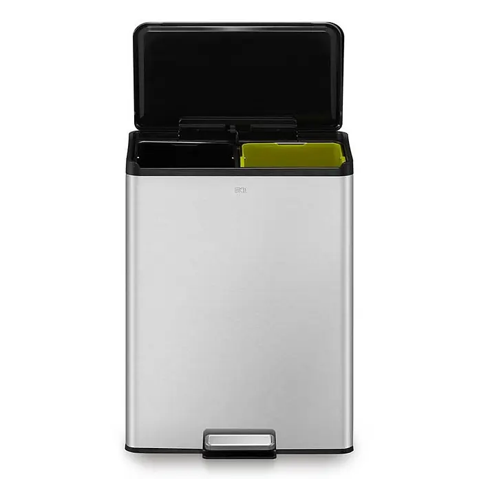 Proregal Treteimer - 30 l, Edelstahl, Silber - Der silberne Abfallbehälter mit zwei Fächern, einem schwarzen und einem limettengrünen, und einem schwarzen Deckel, ideal für die Mülltrennung.