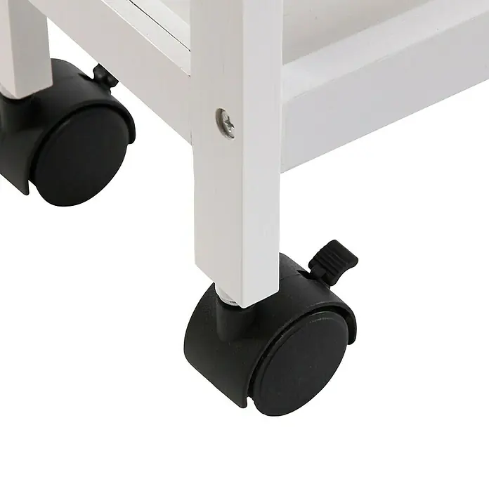 Versa Carro de cocina - L x An x Al: 15 x 36 x 74 cm, Acero, Blanco - Primer plano de un carro blanco con ruedas negras, que combina funcionalidad y movilidad en un diseño moderno.