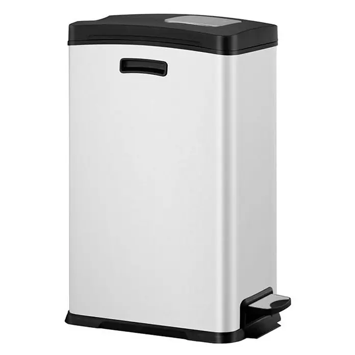 Proregal Treteimer Schmaler rechteckiger Pedaleimer mit Softclose-Deckel - 30 l, Kunststoff, Weiß - Ein silberner, rechteckiger Mülleimer aus Edelstahl mit schwarzem Deckel und Fußpedal, ideal für Küche oder Bad.