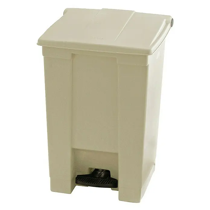 Proregal Treteimer Rubbermaid Robuster Pedaleimer - 45,4 l, Kunststoff, Beige - Ein beiger Tretabfalleimer mit einem schwarzen Pedal zum hygienischen Öffnen des Deckels, ideal für Bad oder Küche.
